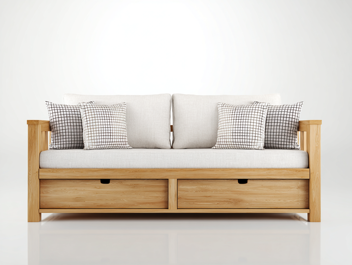Sofás cama de madera color natural 200x90x80 cm - diseño moderno con 2 cajones para sala de estar-Casamyly