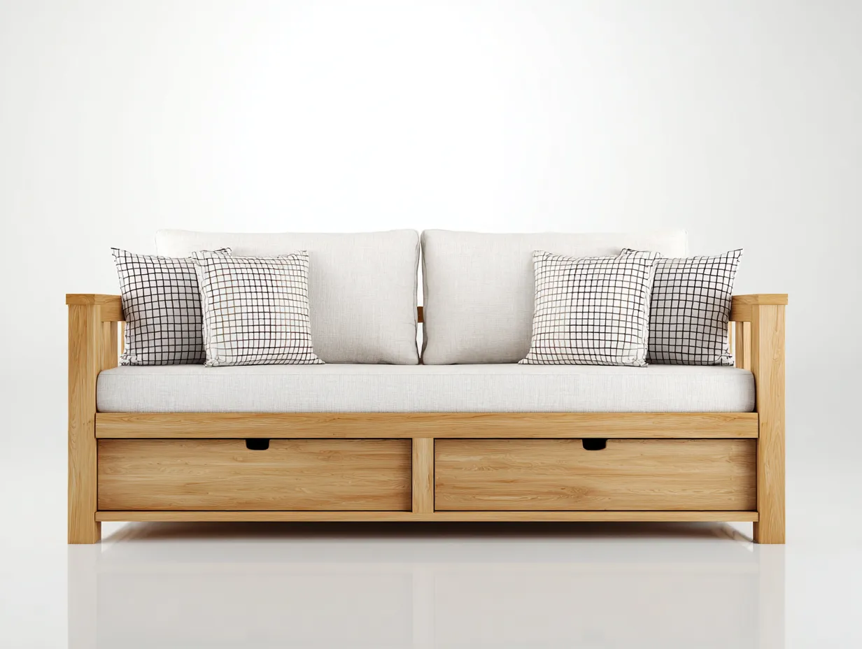 Sofás cama de madera color natural 200x90x80 cm - diseño moderno con 2 cajones para sala de estar-Casamyly
