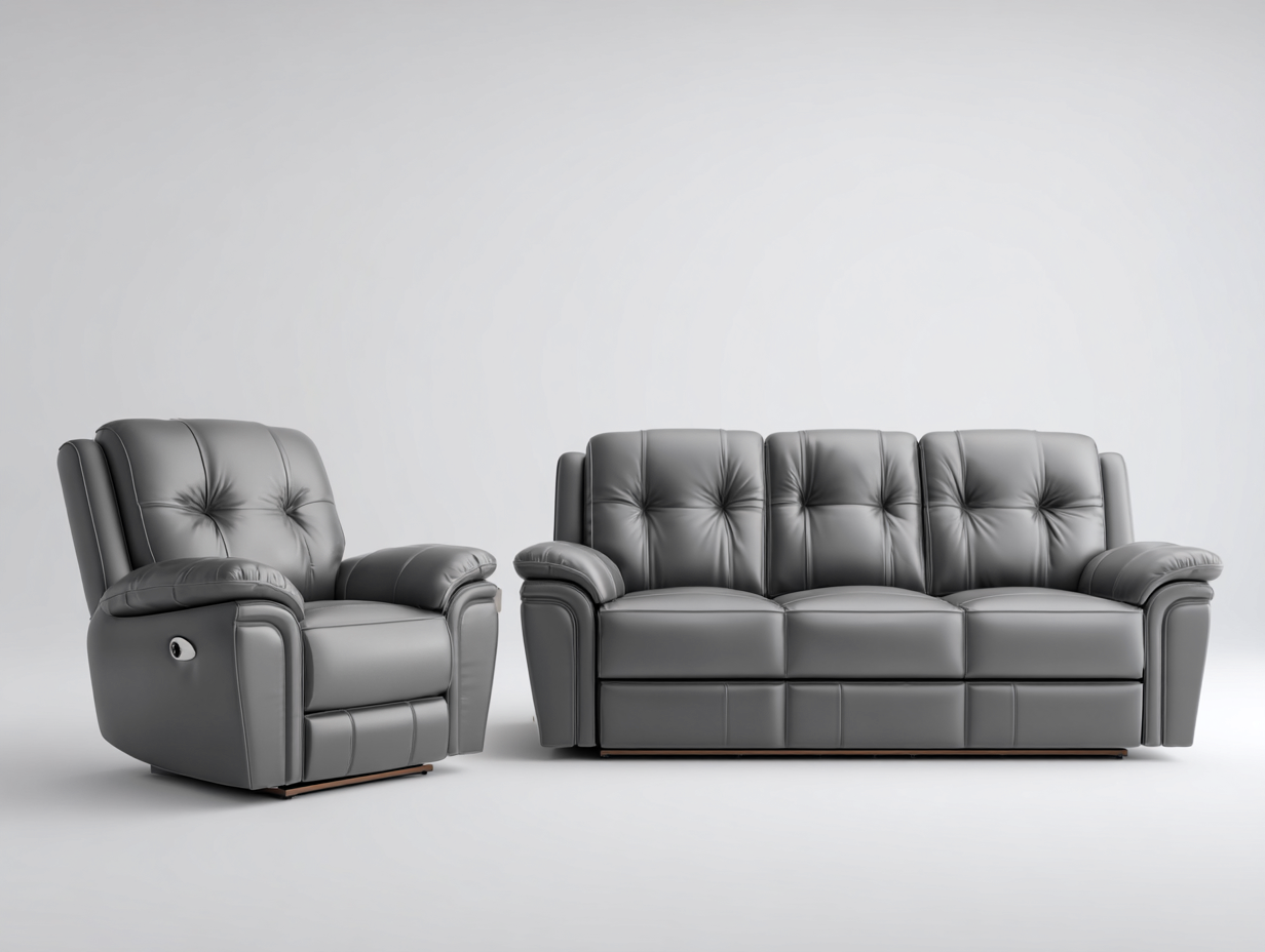 Conjunto de sofás reclinables tapizado en cuero sintético 200x95x100 cm gris - diseño acolchado - para salón-Casamyly