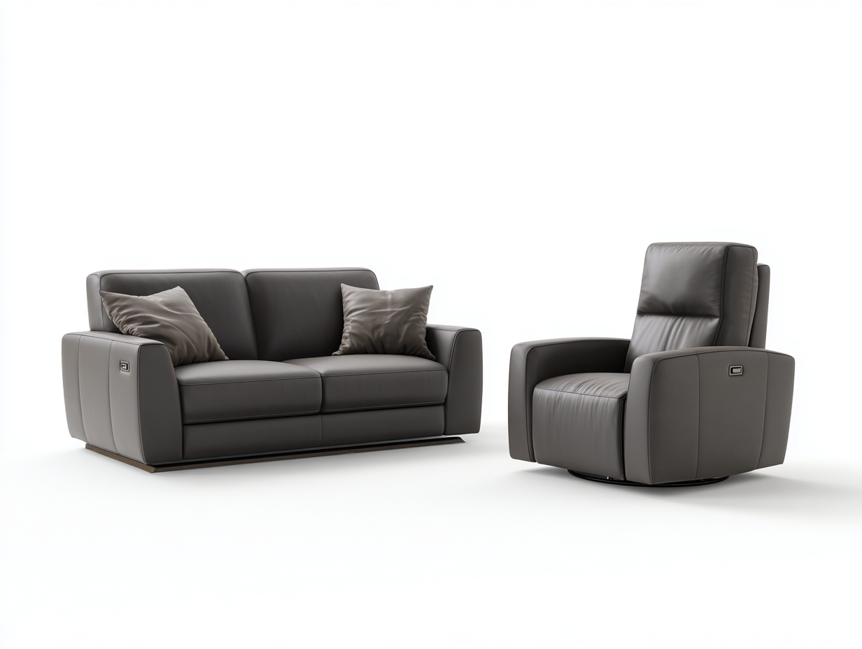 Conjunto de sofás reclinables tapizado en piel sintética gris 185x90x105 cm - diseño moderno para sala de estar-Casamyly