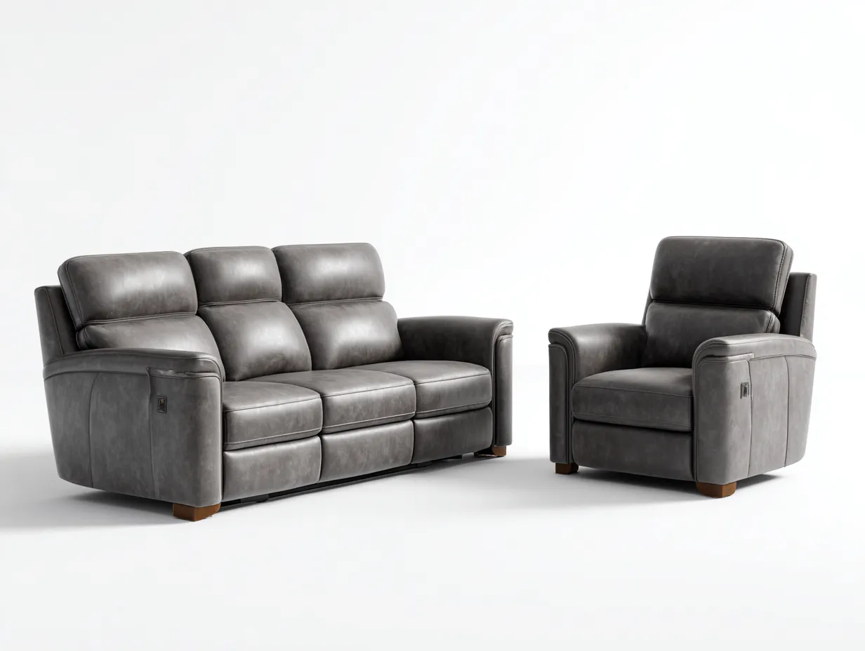 Conjunto de sofás reclinables 3 plazas y sillón tapizado en cuero sintético 210x95x100 cm - gris oscuro - diseño moderno de sala de estar-Casamyly