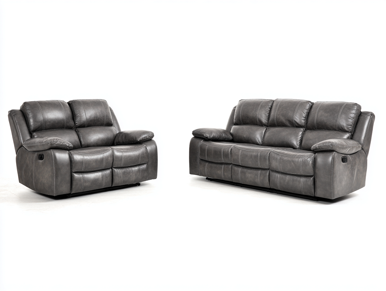 Conjunto de sofás reclinables tapizado en piel sintética gris 200x95x105 cm - diseño moderno para sala de estar-Casamyly