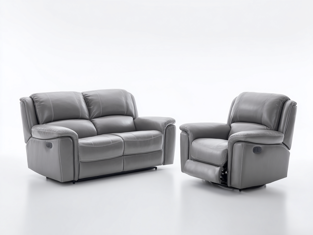 Conjunto de sofás reclinables tapizado en piel sintética gris 190x95x105 cm - diseño moderno para sala de estar-Casamyly
