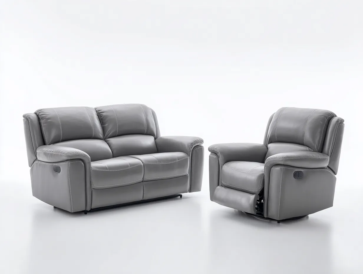 Conjunto de sofás reclinables tapizado en piel sintética gris 190x95x105 cm - diseño moderno para sala de estar-Casamyly