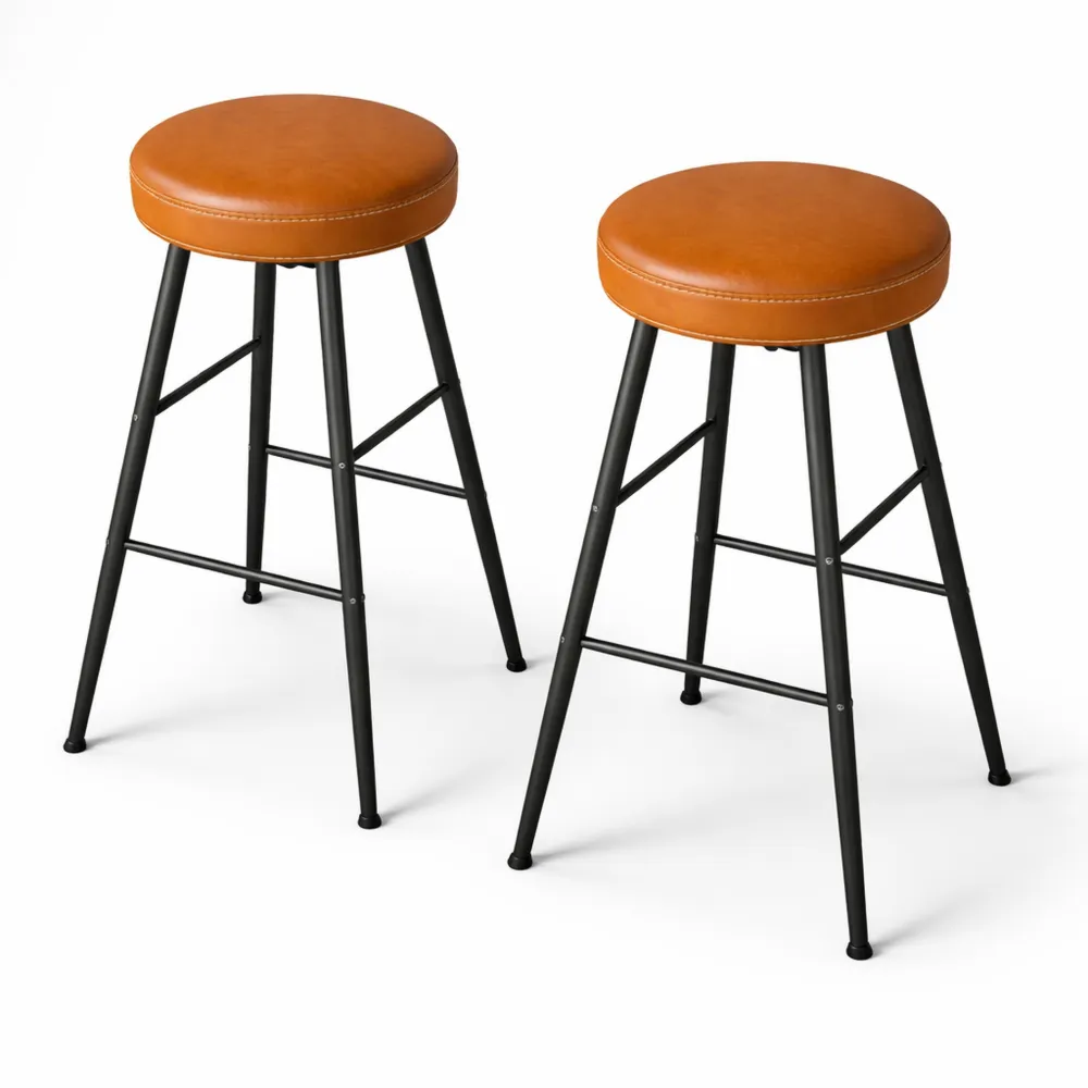 Lot de 2 tabourets de bar cuisine en PU marron caramel, hauteur 63 cm