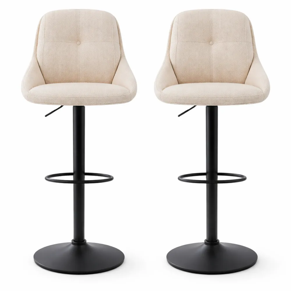 Ensemble de 2 tabourets de bar réglables en tissu texturé et métal noir - Crème