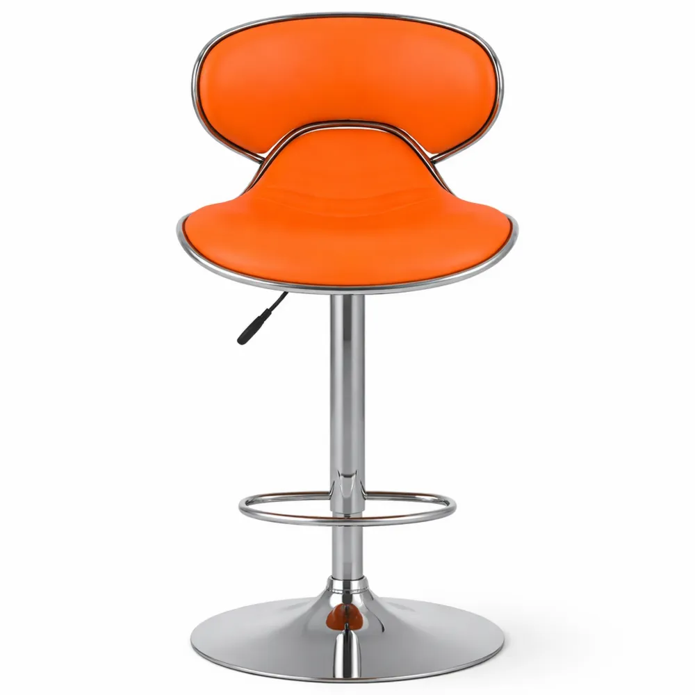 Tabouret de bar réglable avec dossier et repose-pieds, rembourré, orange, cadre chromé