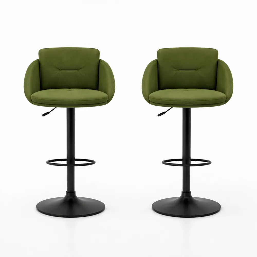 Lot de 2 tabourets de bar réglables en lin avec repose-pieds, vert