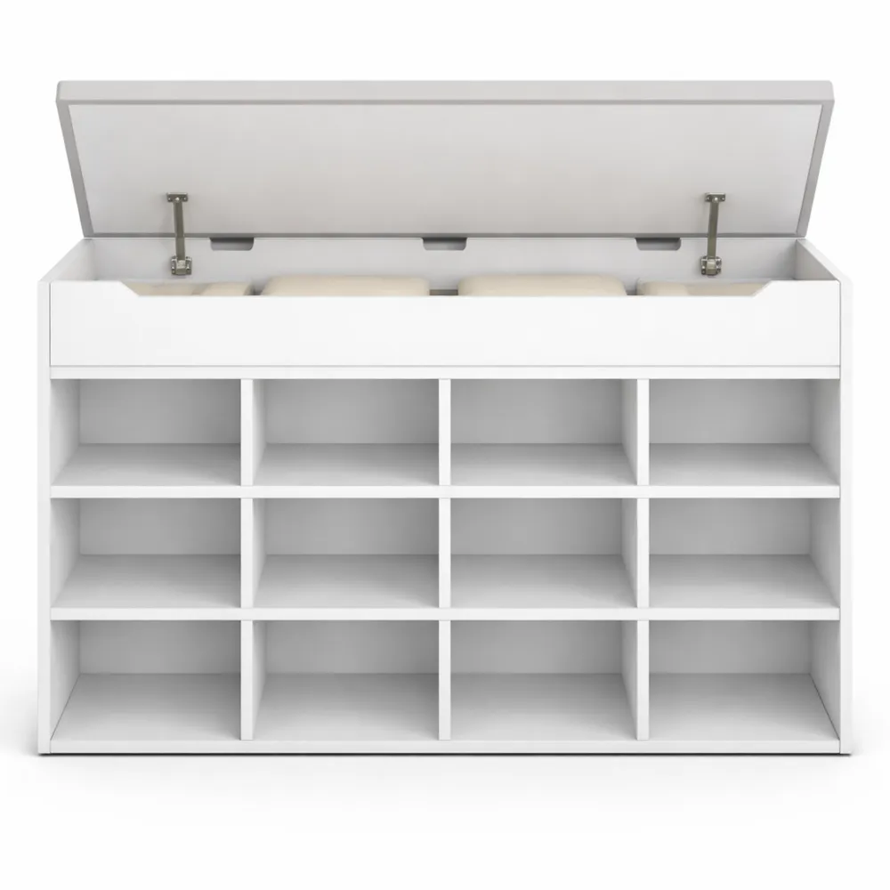Banc de rangement pour chaussures avec étagères amovibles et siège, 12 compartiments, idéal pour salon ou entrée, 30 x 100 x 55 cm, blanc