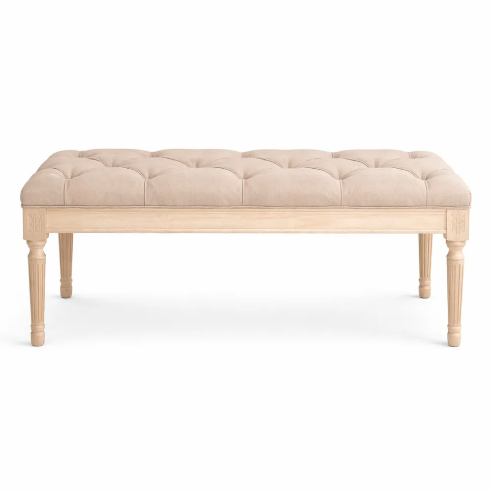 Banc de lit vintage en tissu beige avec boutons, charge 120 kg
