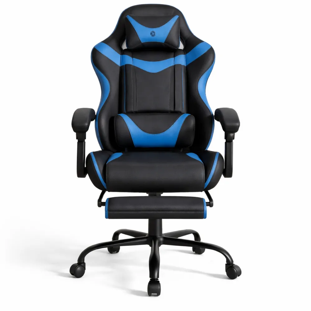 Chaise ergonomique avec repose-pieds, soutien lombaire réglable, idéale pour gaming et bureau, couleur bleue