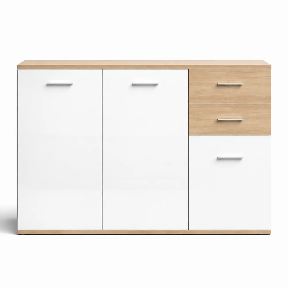 Buffet Contemporain avec Tiroirs et Étagère Réglable, Blanc et Bois Naturel