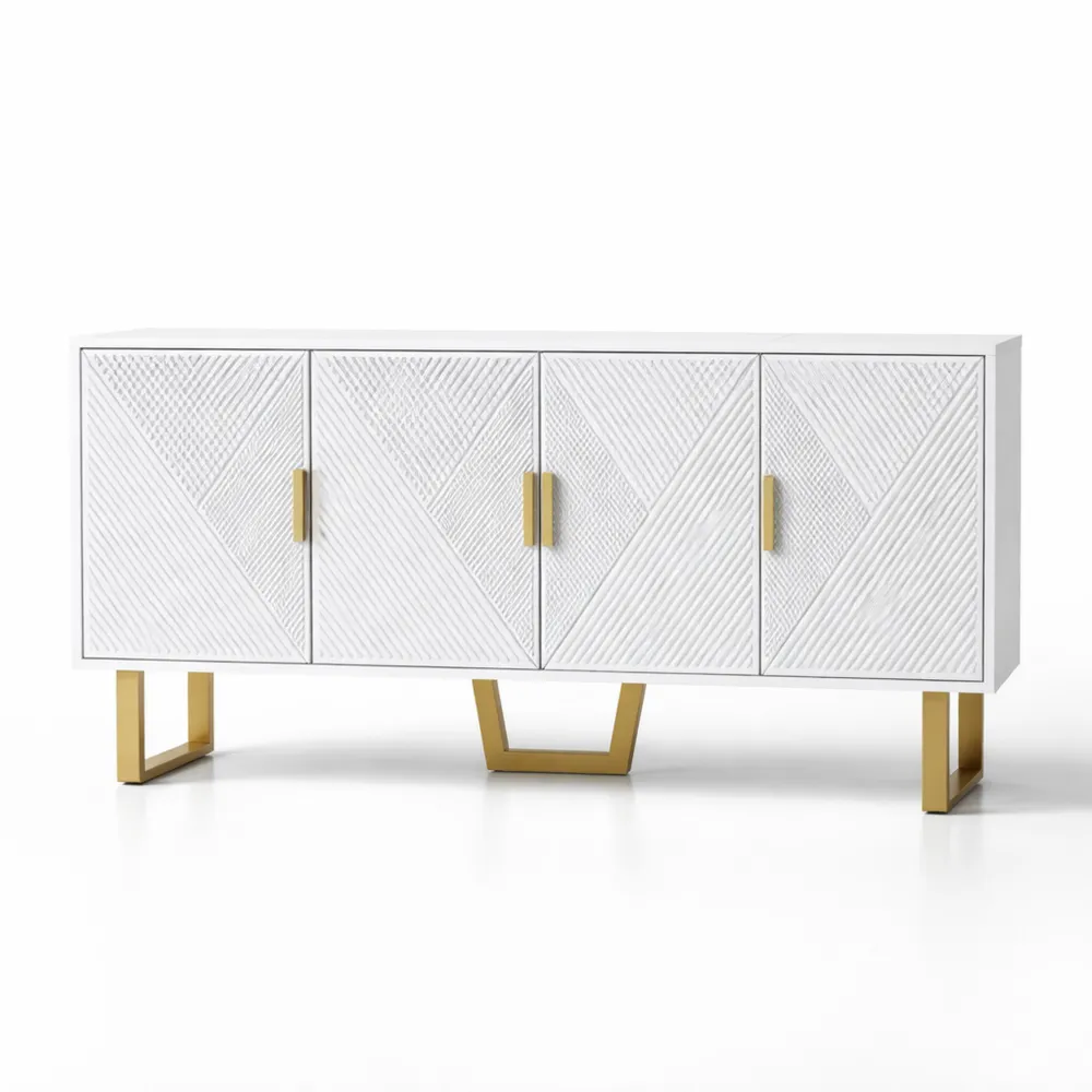 Buffet Moderne Blanc avec Portes Texturées et Poignées Dorées, 150x40x82 cm