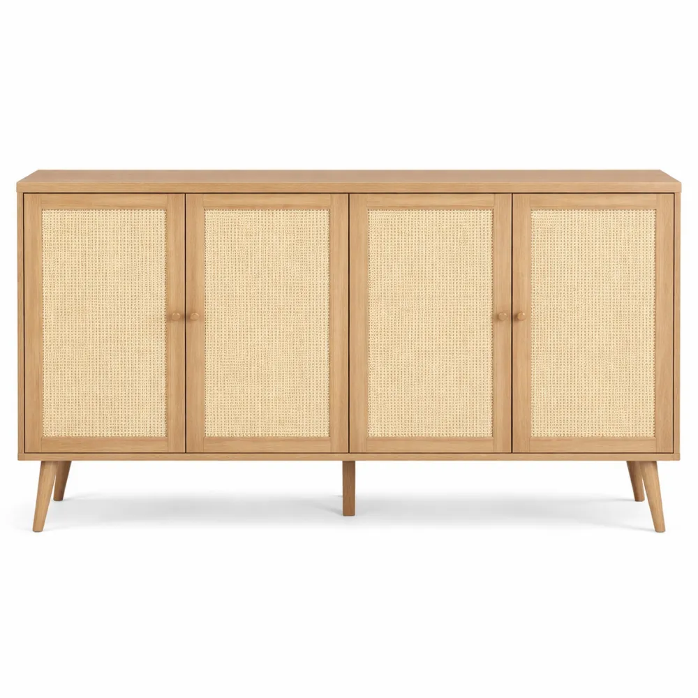 Buffet de Rangement en Bois Clair avec Portes en Cannage et Étagère Réglable pour Salon et Salle à Manger