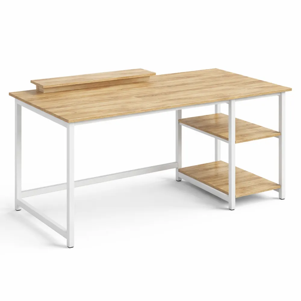 Bureau compact avec rangement et support pour moniteur, étagères réversibles, 100 cm, beige-Balmyroom