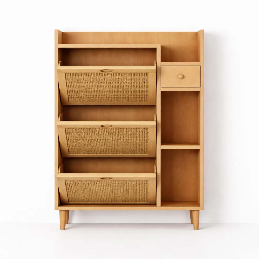 Meuble à chaussures étroit en bois avec trois tiroirs rabattables-Balmyroom