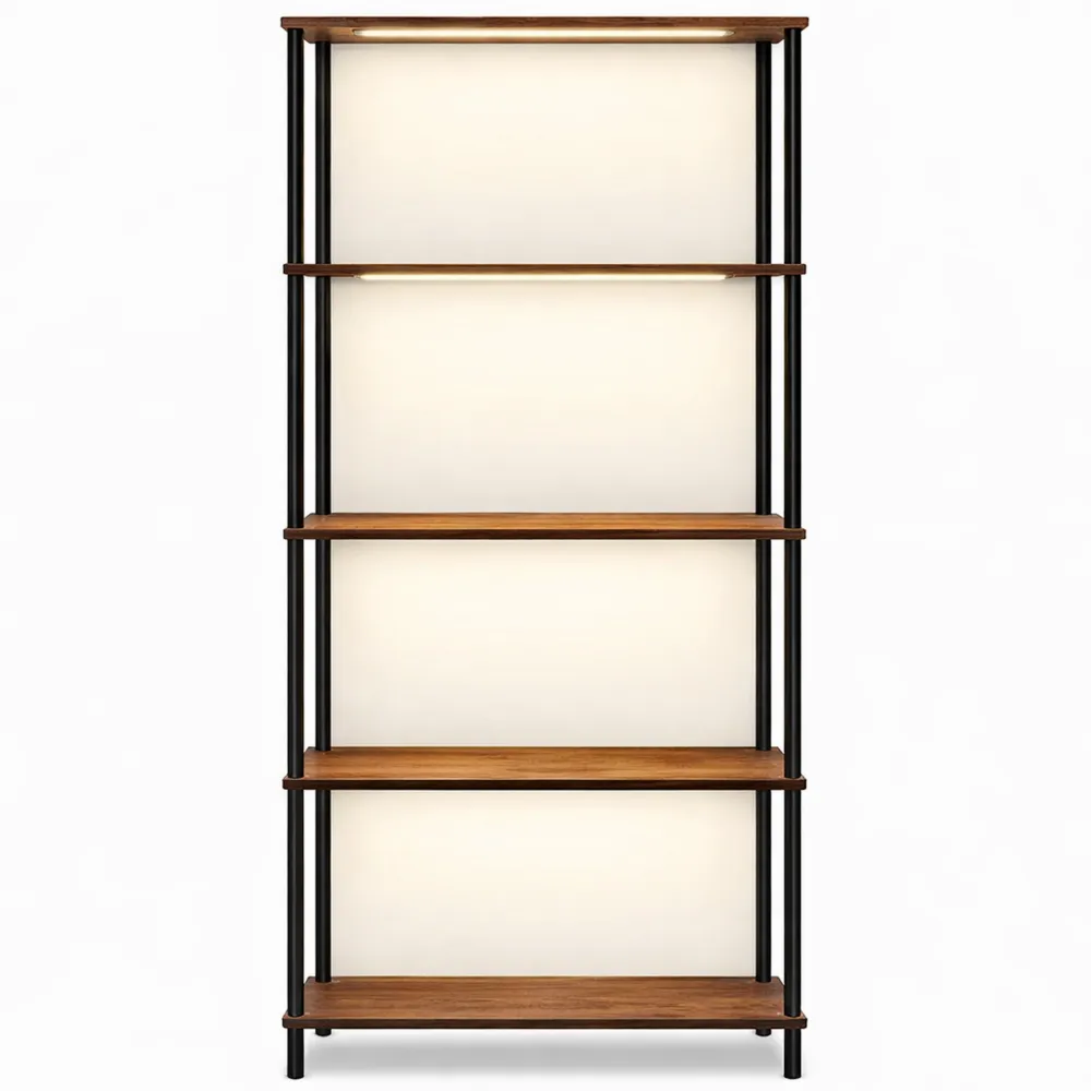 Étagère LED sur Pied, Rangement en Bois 5 Niveaux avec Lumière Réglable et Télécommande-Fieldabode