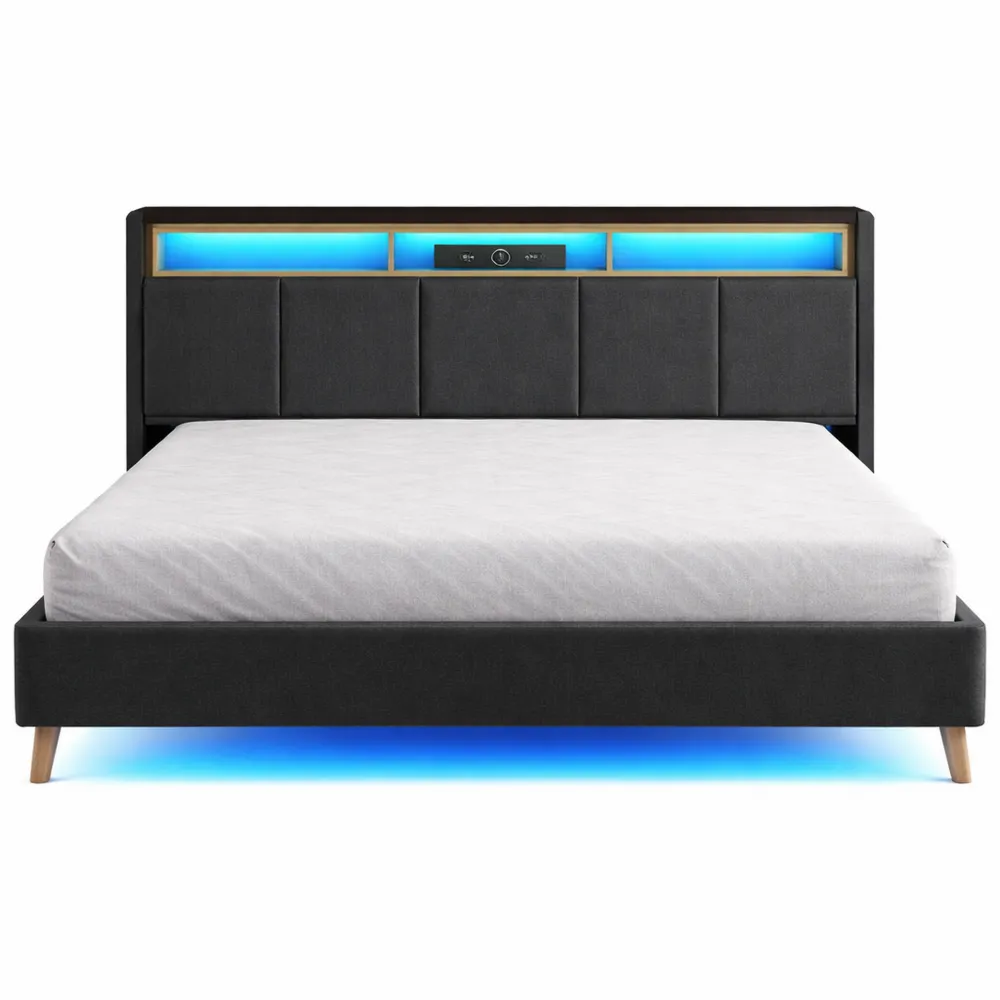 Lit avec Éclairage LED et Ports USB, Tête de Lit avec Rangement, Lin Gris-Fieldabode