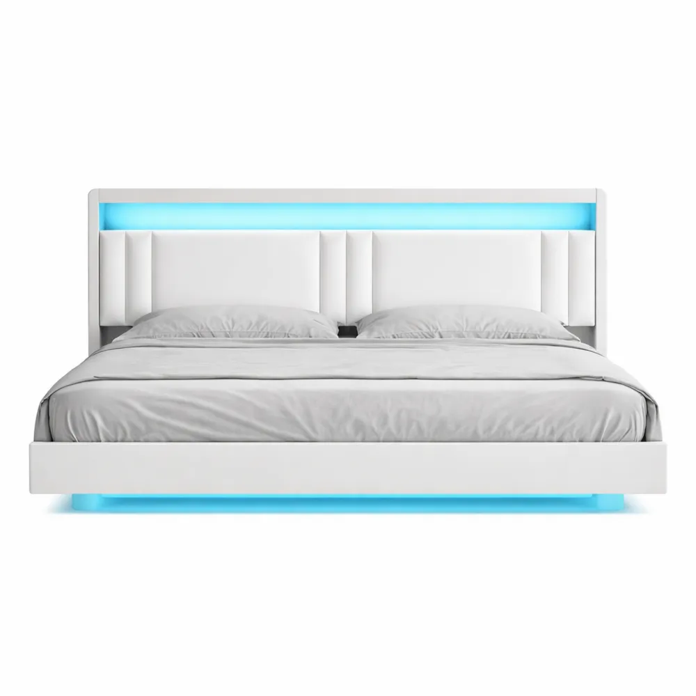 Lit Double 180x200 cm, Flottant avec LED, Multiprise et Étagère Intégrée-Fieldabode