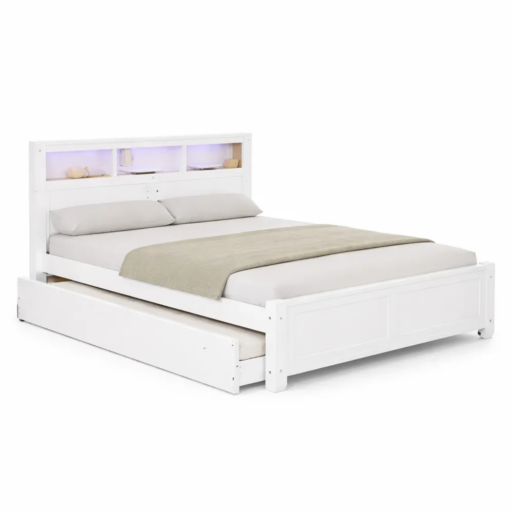 Lit double avec rangement et éclairage LED, structure en bois, blanc-Fieldabode