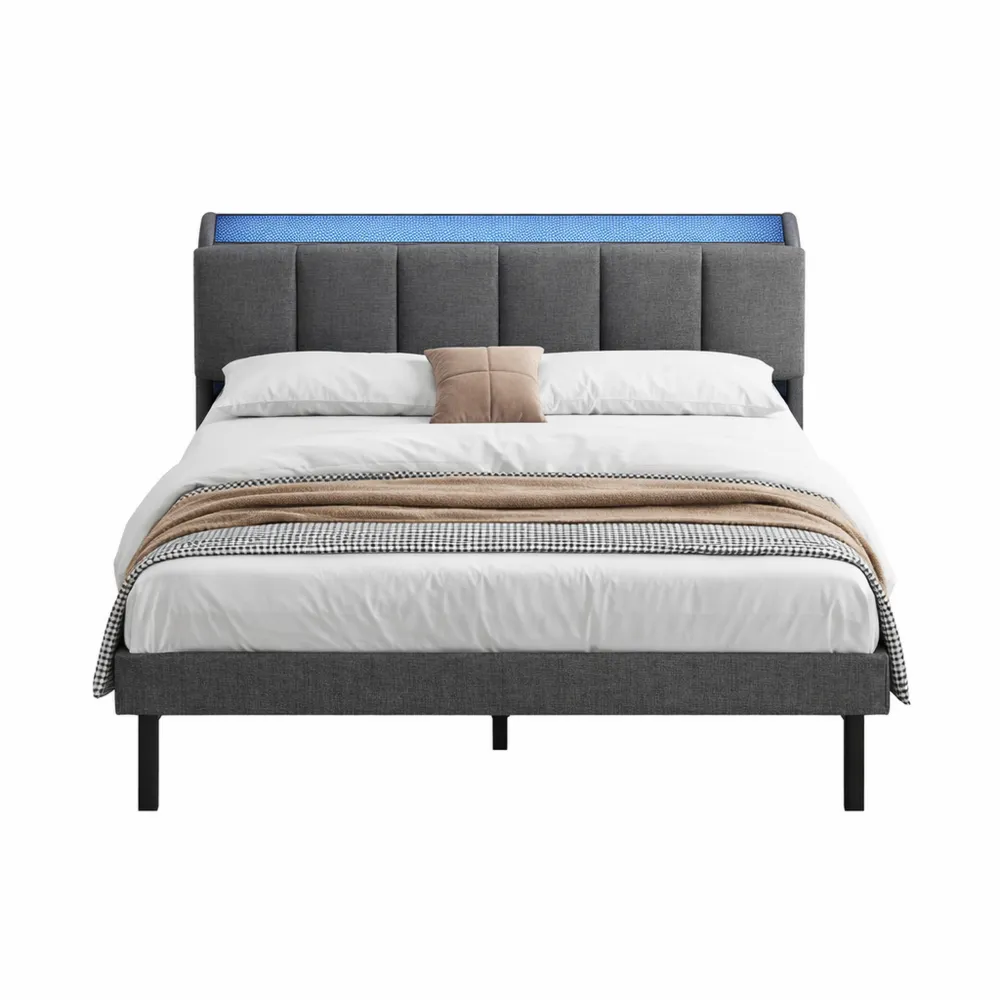 Cadre de lit double avec LED et prise intégrée, sommier à lattes, tête rembourrée-Fieldabode