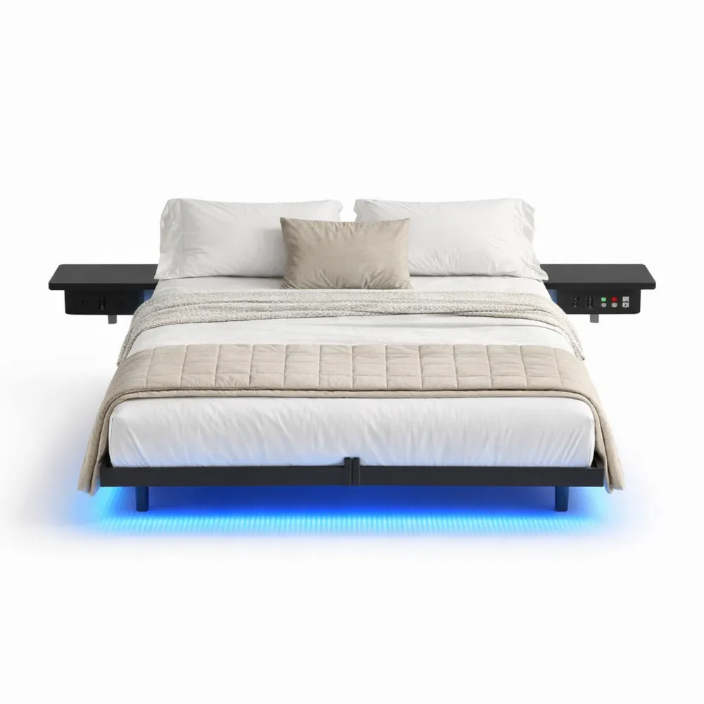 Lit Double avec Sommier et Éclairage LED, Espace de Rangement, Noir-Fieldabode