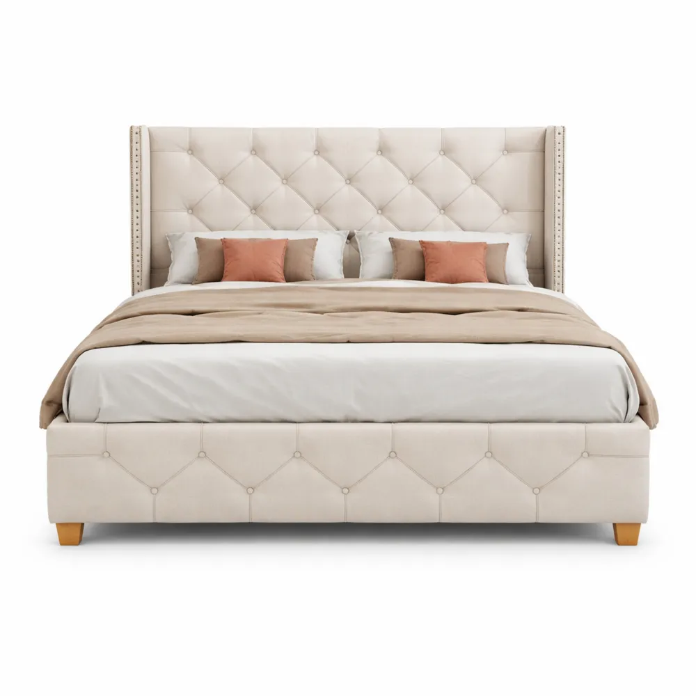 Lit Simple 90x200 en Lin Beige avec Tête Rembourrée-Fieldabode