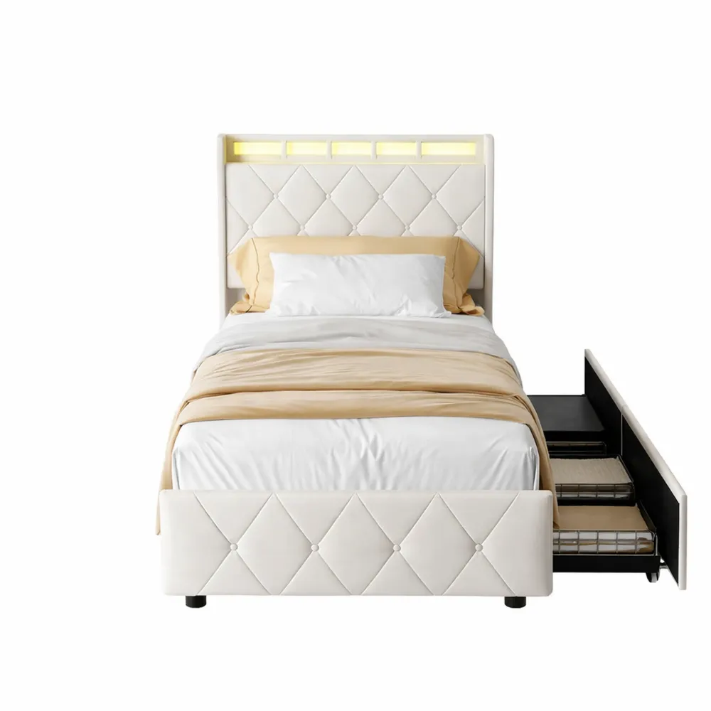Lit simple 90x200 avec sommier et tiroirs, tissu velours beige-Fieldabode