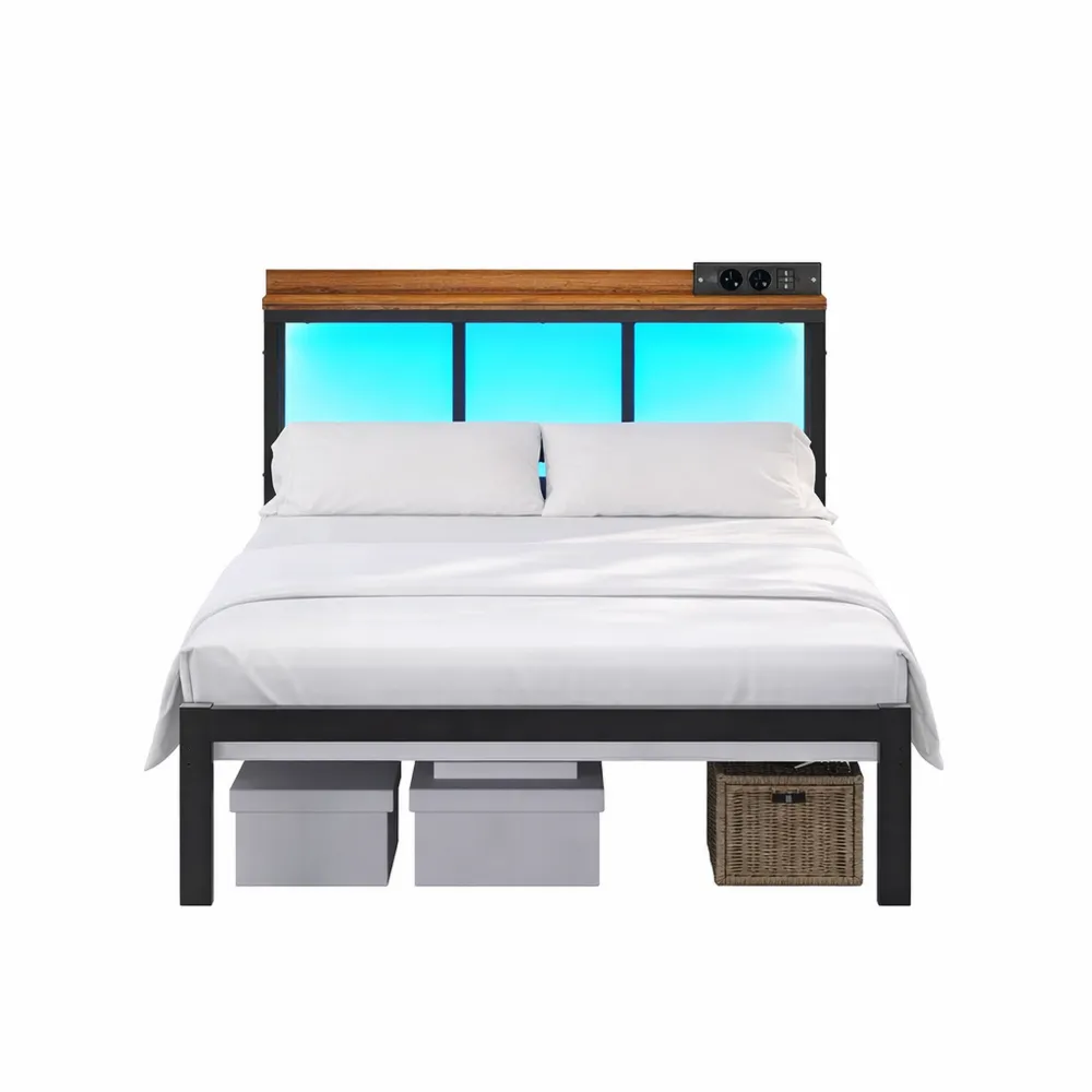 Lit simple en métal 90x200 avec LED et multiprise intégrée, montage facile-Fieldabode