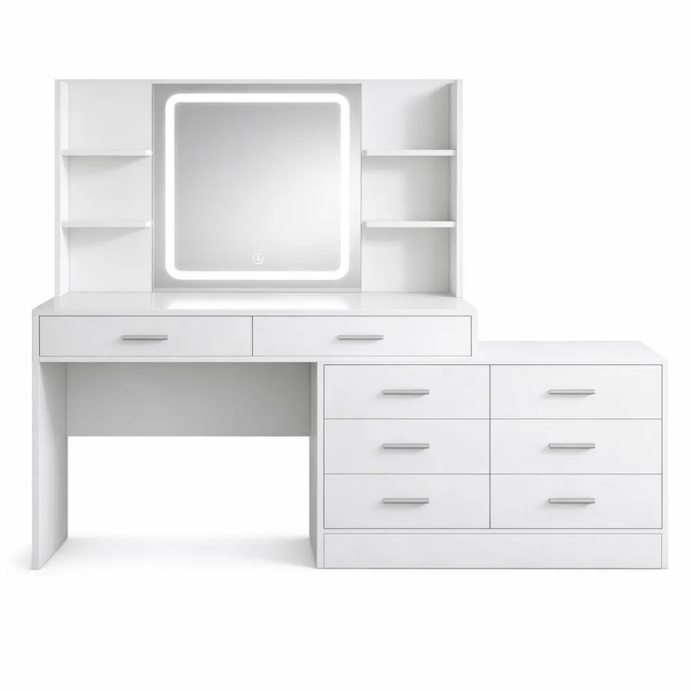 Table de Maquillage Moderne avec Miroir LED et Espace de Rangement-Fieldabode