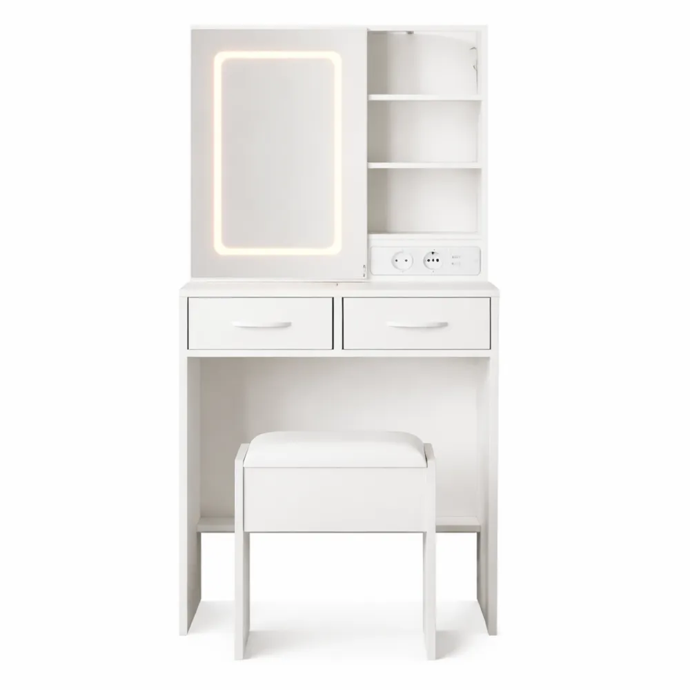 Table de Maquillage avec Miroir LED et Tabouret Rembourré-Fieldabode