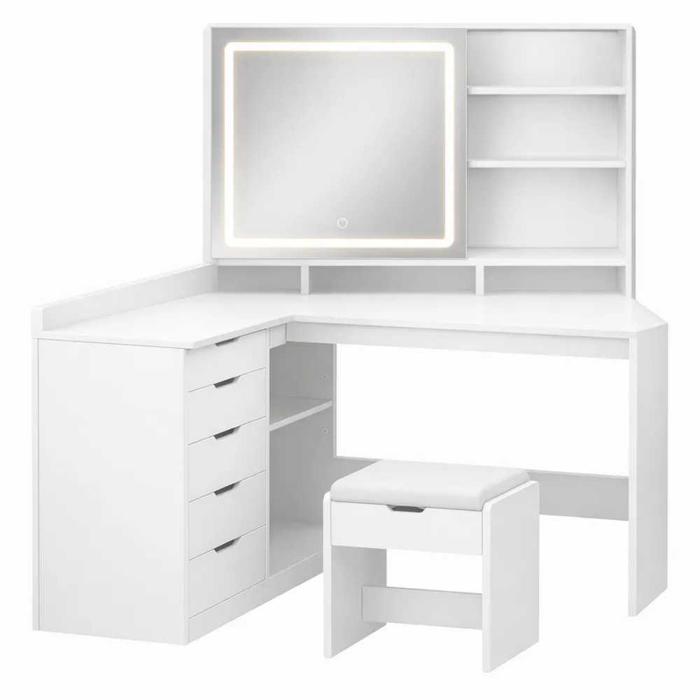 Table de Maquillage Moderne avec Miroir et Éclairage LED, Prises de Courant, 10 Tiroirs, Rangement Bijoux-Fieldabode