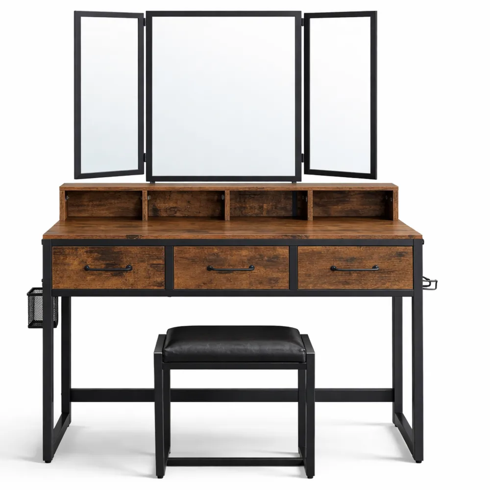 Table de Maquillage avec Miroir Triple et Tabouret, 3 Tiroirs, Style Industriel-Fieldabode