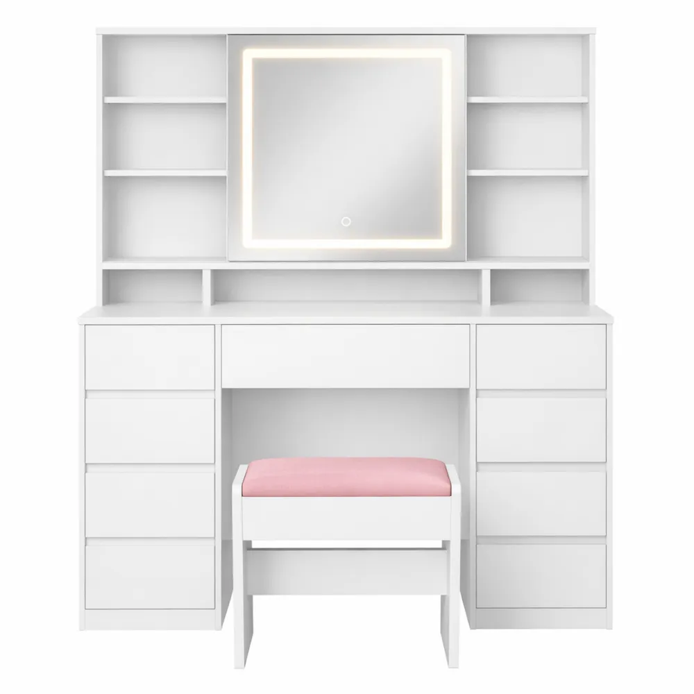 Coiffeuse Moderne avec Miroir LED et Tabouret, 9 Tiroirs-Fieldabode