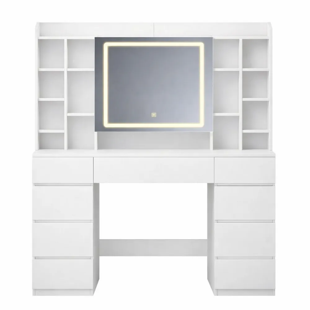 Table de Maquillage avec Miroir LED et Rangement Abondant, Éclairage Ajustable-Fieldabode