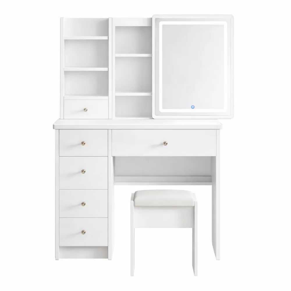 Table de maquillage avec LED, miroir coulissant, et rangement multiple-Fieldabode