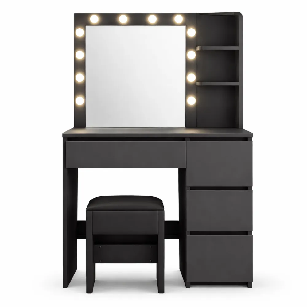 Table de maquillage éclairée avec miroir et tabouret, luminosité ajustable, 4 tiroirs et compartiments ouverts-Fieldabode