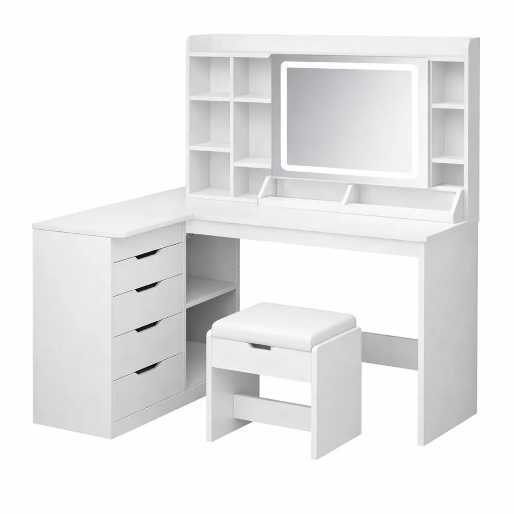 Table de Maquillage d'Angle avec Éclairage LED et Miroir Réglable-Fieldabode