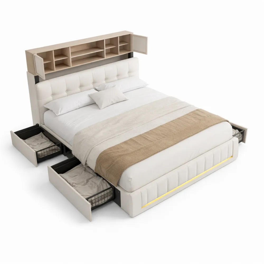 Lit double en métal avec tiroirs et sommier, éclairage LED intégré-Ibexhaus