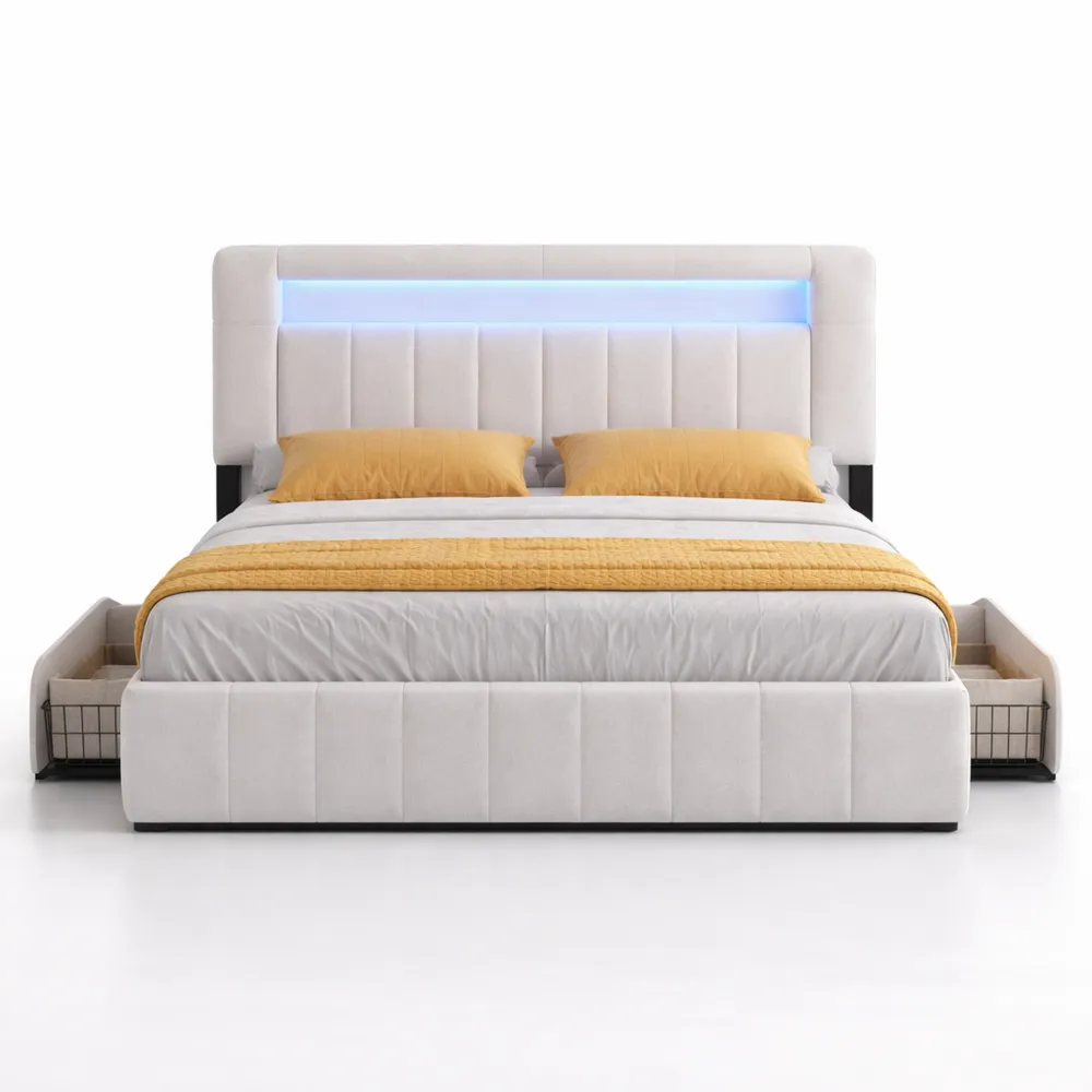 Lit moderne avec LED et rangements intégrés, 140x190 cm-Ibexhaus