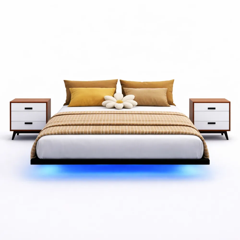 Cadre de lit double 140x190 cm avec éclairage LED et station de charge, lit suspendu pour adolescents-Ibexhaus