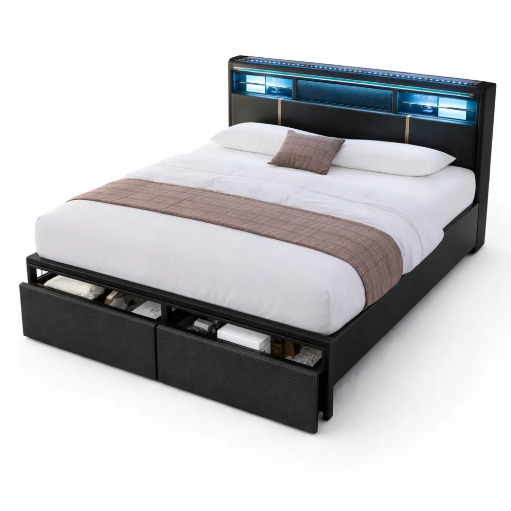 Lit en Métal 140x190 avec LED et Compartiments de Rangement-Ibexhaus