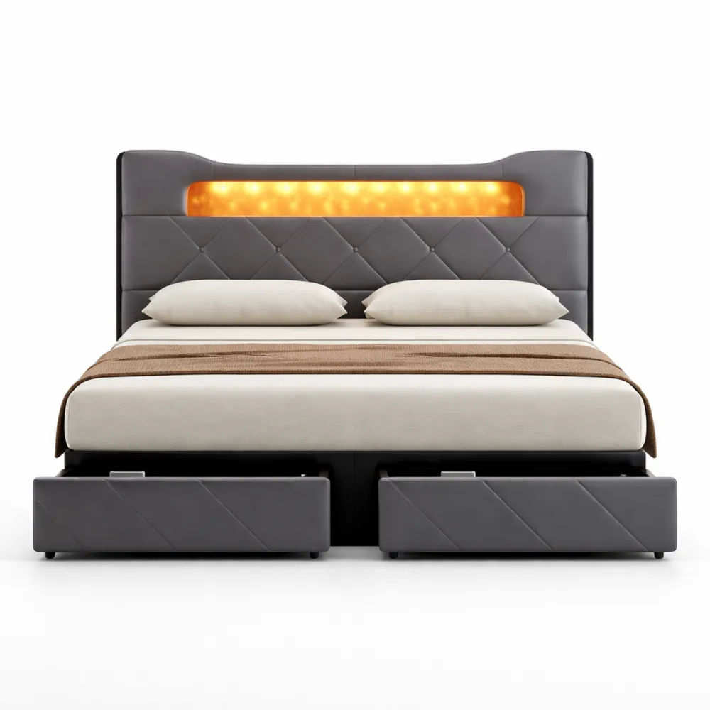 Cadre de lit double 140x190 avec rangements et LED-Ibexhaus