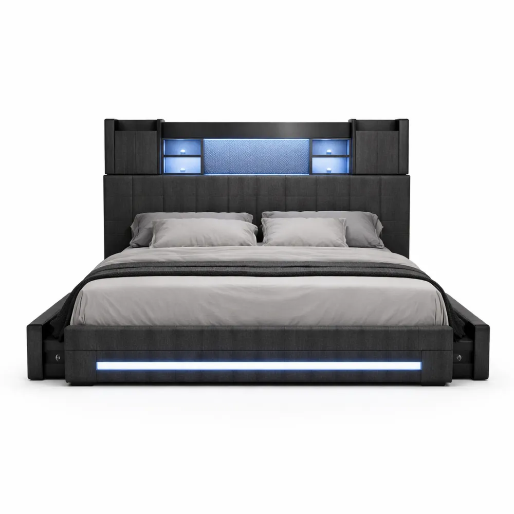 Lit double 140x200 avec rangement et tiroirs gris-Ibexhaus