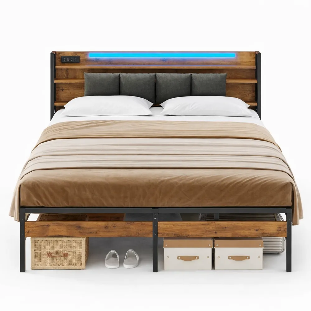 Cadre de Lit 140x200 avec Sommier Réglable et Rangement LED-Ibexhaus