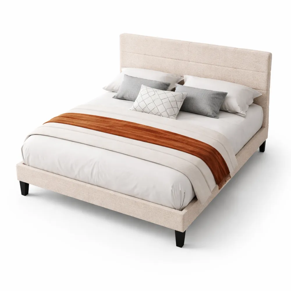 Lit Double 140x200 avec Sommier et Tête Tapissée, Montage Facile, Tissu Bouclé Blanc Cassé-Ibexhaus