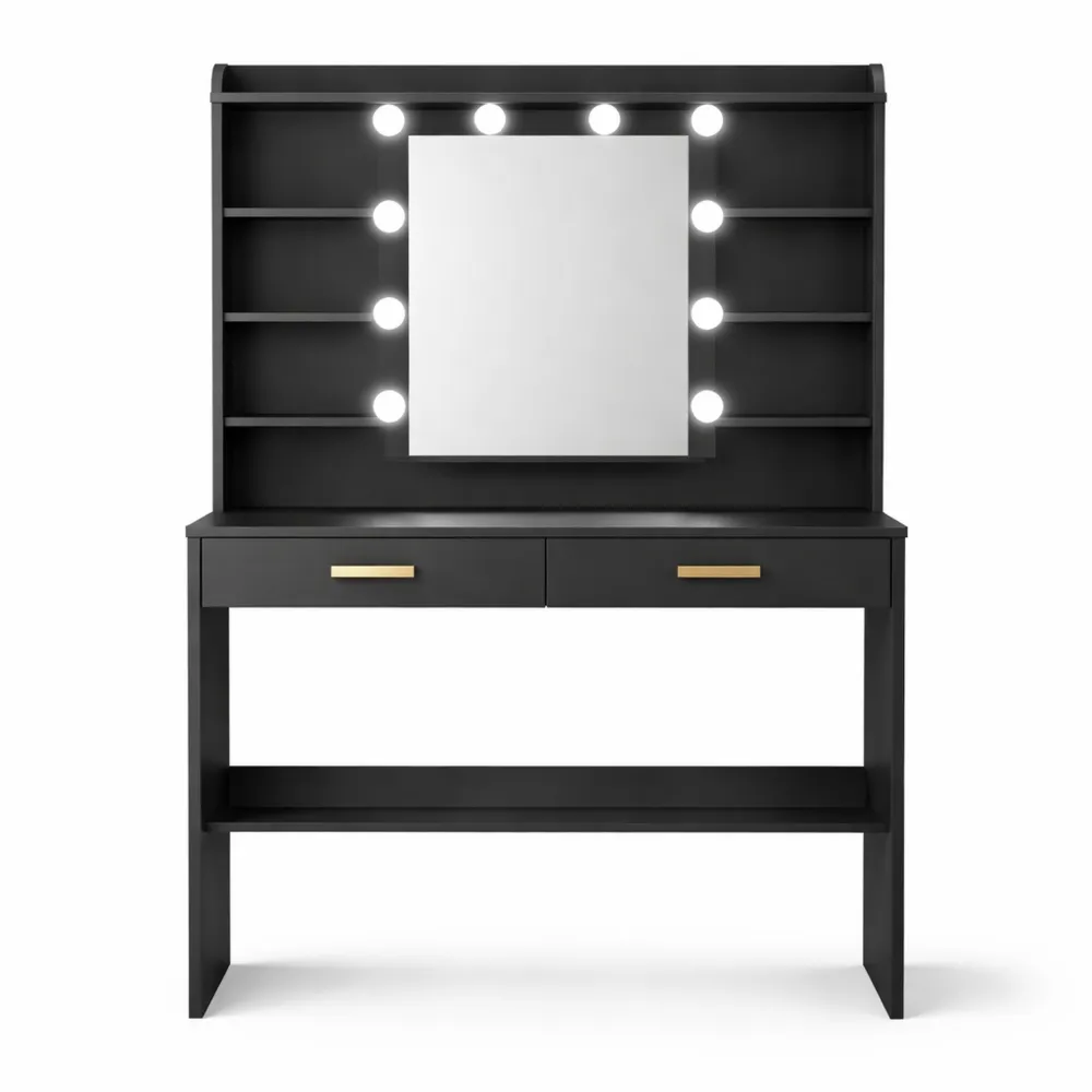 Table de Maquillage avec Miroir LED et Rangement, Luminosité Ajustable, avec Étagères et Tiroirs, pour Chambre et Salon-Ibexhaus