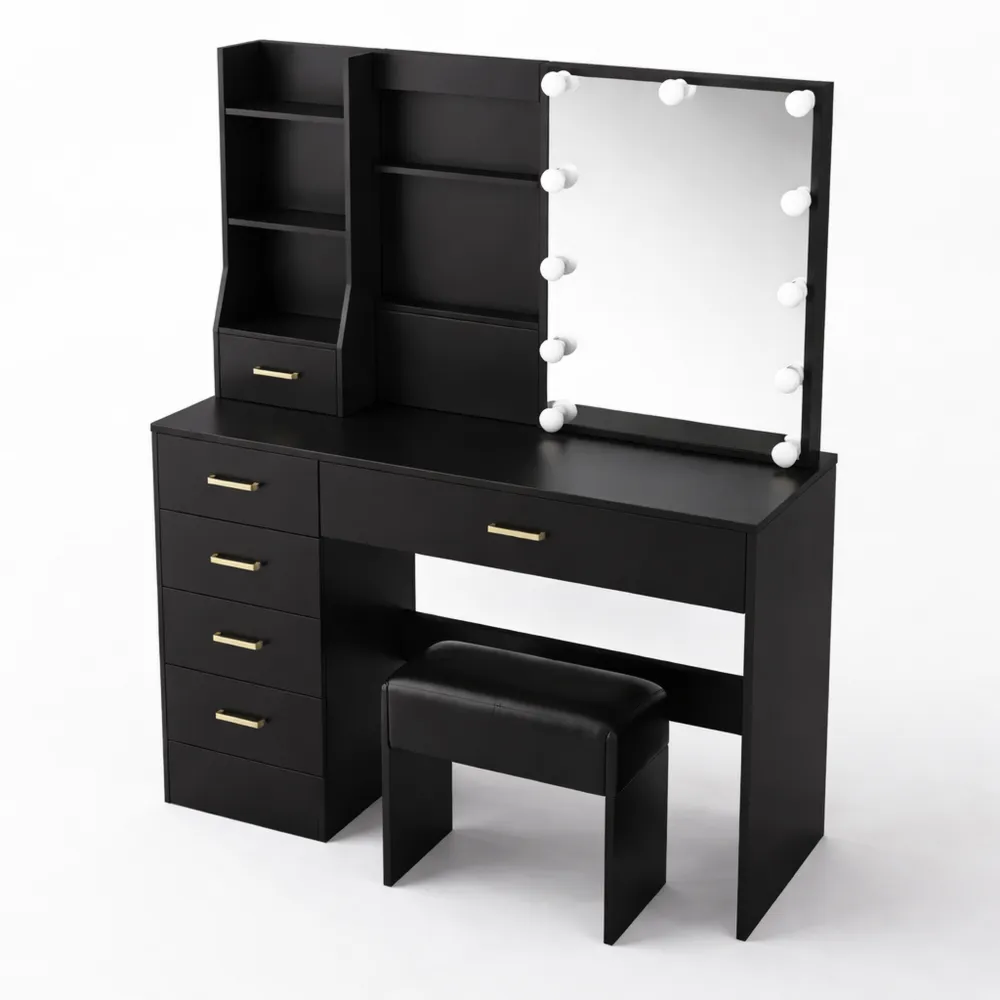 Table de Maquillage Moderne en L avec LED et Prise de Courant, Rangement Spacieux, 5 Tiroirs-Ibexhaus