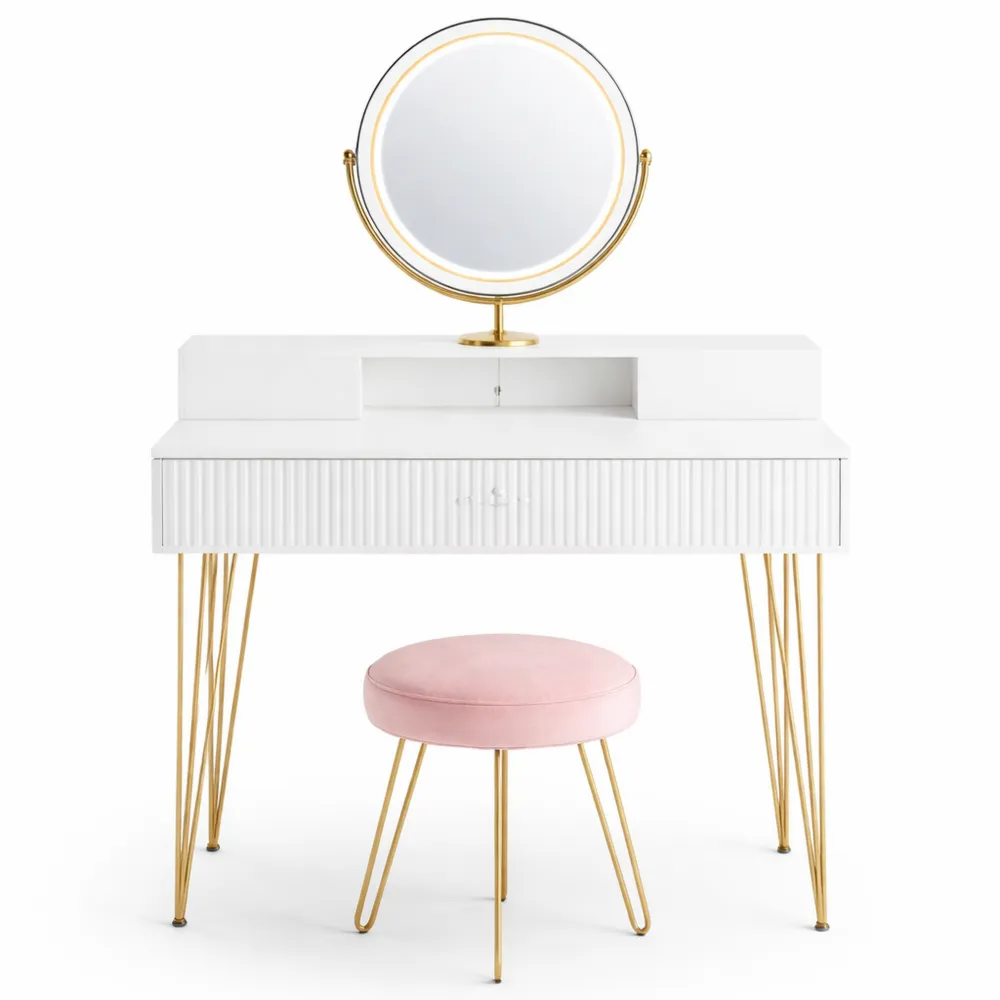 Coiffeuse Blanche avec Miroir Éclairé et Tabouret Confortable-Ibexhaus