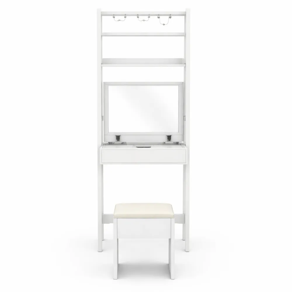 Table de Maquillage avec Miroir et Tabouret, Rangement Ouvert et Étagères-Ibexhaus